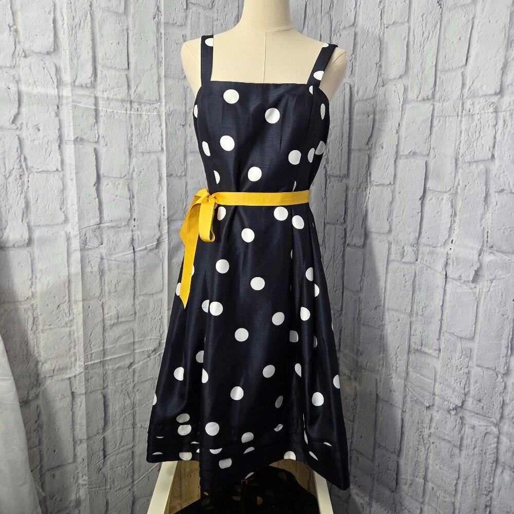 Jessica Howard Size 6 Navy White Polka Dot Yellow Bow Retro Sleeveless Dress